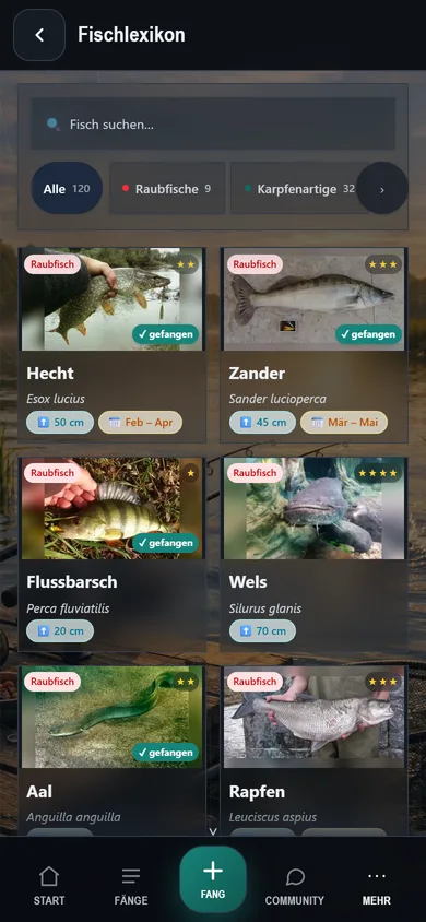 Echter Screenshot der Ansicht „Fischlexikon" in Petri-KI