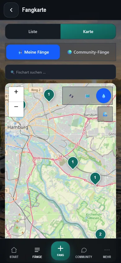 Echter Screenshot der Ansicht „Fangkarte" in Petri-KI