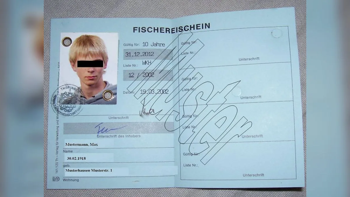 Ausgefüllter deutscher Fischereischein (Musterdokument)